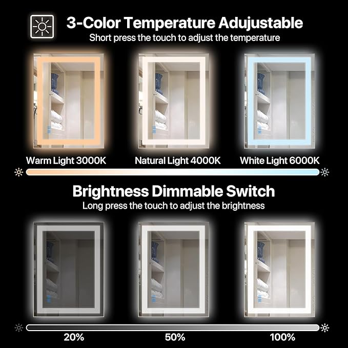 32”x24“ LED Bathroom Mirror with Light, Anti-Fog Wall Mount Vanity Mirror Dimmable & 3CCT, Memory Function Smart Large Mirrors for Bathroom Wall Over Sink, UL Listed, Plug in or Hardwire