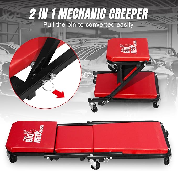 Big RED ATR6036ZER 36" Foldable Z-Creeper Seat: 2-in-1 Garage Shop Creeper for Auto Repair with 6 Wheels, 300 Lbs. Capacity - Red