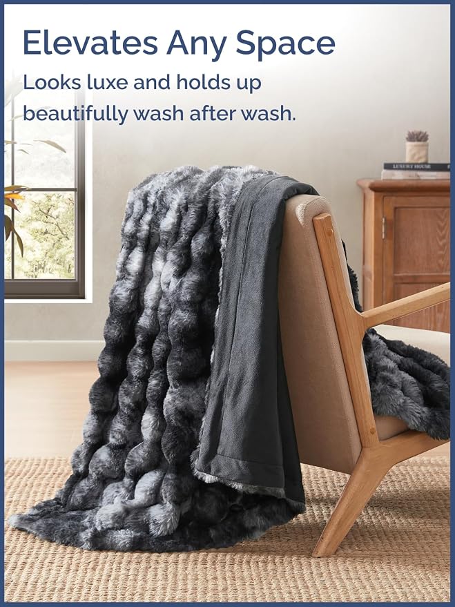 3D Fleece Bubble Blanket Throw - Rabbit Blanket - 50" x 60", Marble Black | Soft Fluffy Faux Fur Blanket for Couch Sofa & Chair, Cozy Gifts for Women, Tie Dye Cloud Throw Bed Cover, Thick Plush Bedding