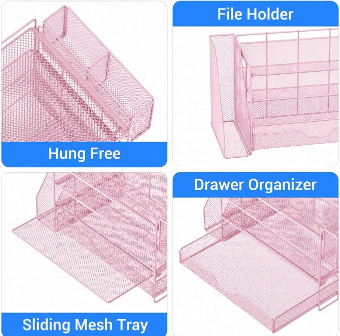 OPNICE Desk Organizers and Accessories, 4-Tier Desktop File Organizer with Drawer and Pen Holders, Office Desk Accessories Workspace Organizers for Office Supplies (Pink)