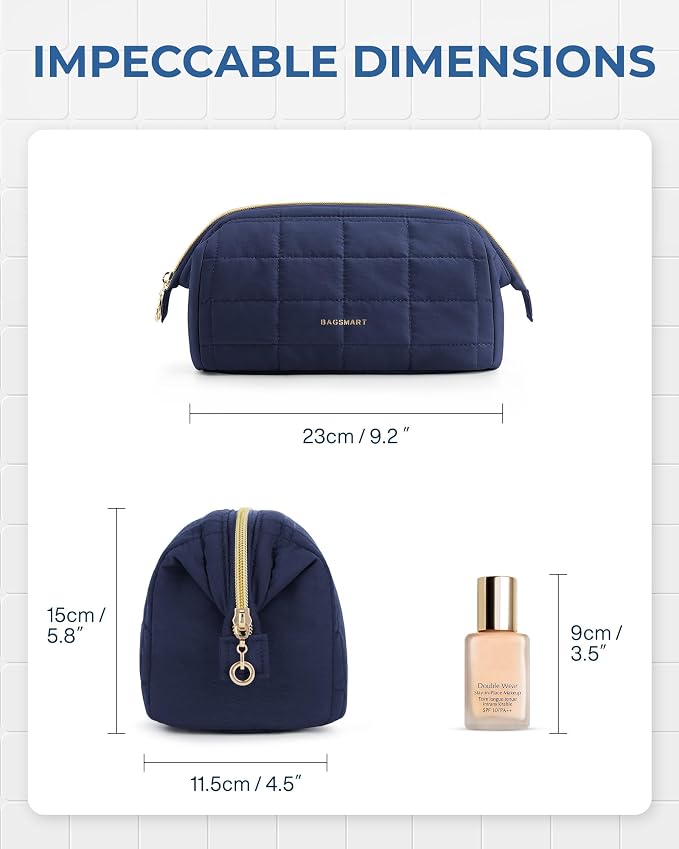 BAGSMART Makeup Bag Travel Toiletry Bag, Wide-open Zipper Pouch, Navy Blue | Puffy Padded, Travel Essentials, Make Up Bag, For Women, Makeup Organizer, Toiletries Accessories Brushes