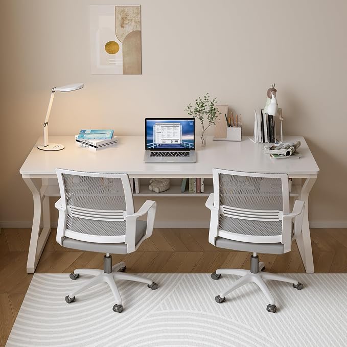 OSCHF 63-Inch Extra Long Desk with Storage Shelf, Warm White | Double Long Writing Table, Space-saving, 2-Person Workstation, Modern Study Work Computer Desk, For Home Office