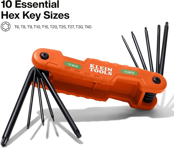 Klein Tools 70550T Pro Folding Hex Key Set, 10-Key Torx Sizes T6 to T40, Heat-Treated Alloy Steel, High-Leverage Blades