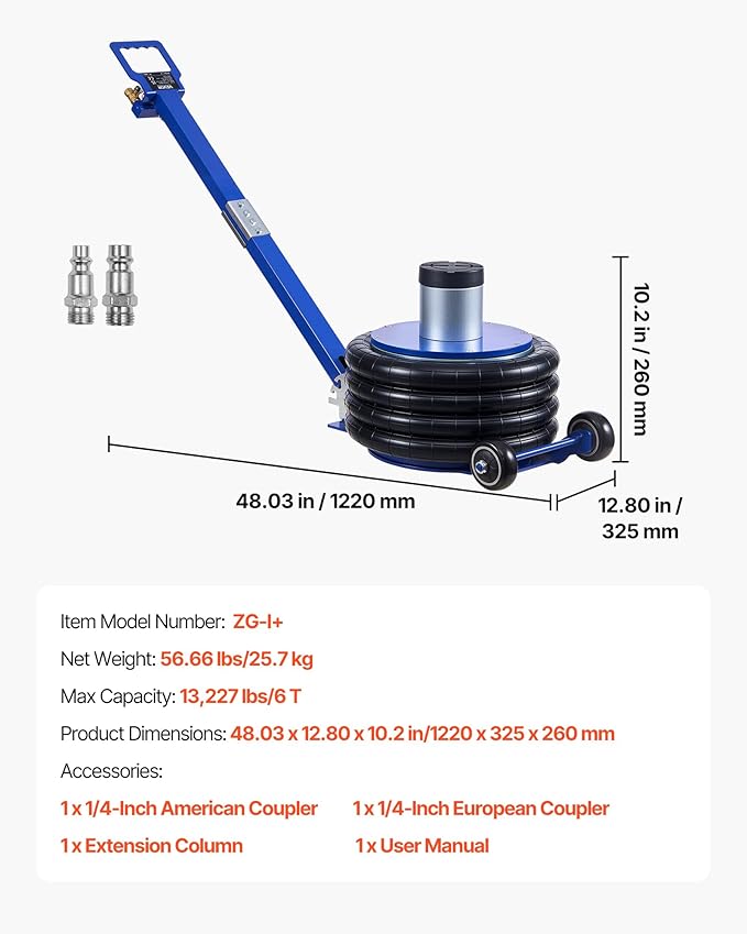 VEVOR Air Jack, 6 Ton/13227 lbs Airbag Jack, Lift Up to 26.5 inch with Heightened Column, Adjustable Handle & Thick Rubber Pad, 2-5 s Fast Lifting Pneumatic for Car, SUV, Pickup Truck Repair, Garage
