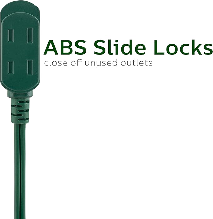 Philips Extension Cord, 15 Ft, 3-Outlet Flat Plug Extension Cord, Flat Extension Cord with Multiple Outlets, 2 Prong Extension Cord, Safety Slide Long Extension Cord, 1 Pack, Green, SPS1032GE/27