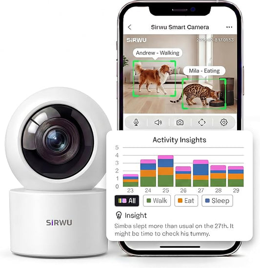 AI Pet Camera Indoor with Phone App, Dog Camera with Speaker, Multi-Pet Recognition & AI Day Summary, 2K 3MP Cat Camera for Indoor, 360° Auto Tracking, Night Vision, 2-Way Talk, WiFi 2.4G/5G