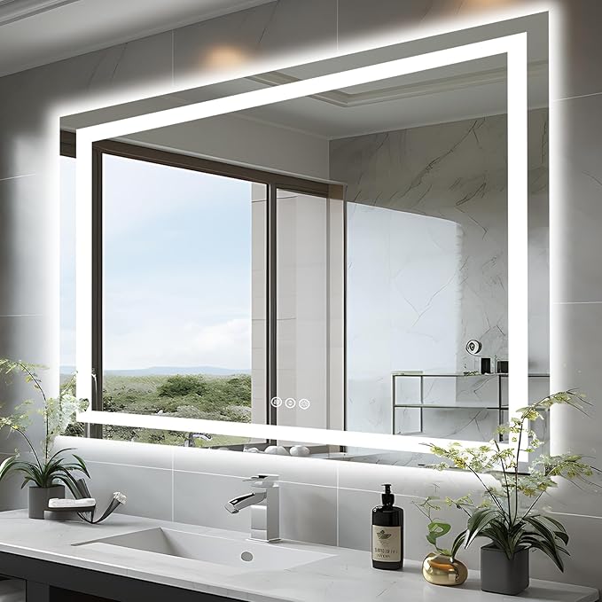 51"x40" Bathroom Light up Mirror, Double Bright Lights Mirror, Anti-Fog Vanity Mirror with Lights, Stepless Dimmable Illuminated, Touch Control, Waterproof (Horizontal/Vertical)