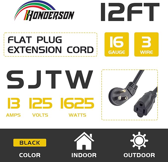 Flat Plug Indoor Extension Cord, UL Certified, 16 Gauge 12FT Black 3 Prong Heavy Duty, 16/3 SJTW 13A Power Cord for Lights, Appliances, Home