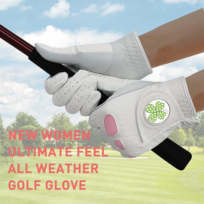 Women Golf Gloves Premium Leather with Magnetic Ball Marker Left Right Hand 1 Pack, Extra Grip for Ladies Comfortable Durable Size Small Medium Large