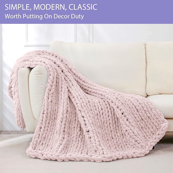 Bigacogo Chunky Knit Throw Blanket for Couch, 40x60 inches, Rose Tan | Hand Knit with Jumbo Chenille, Soft Breathable Cable Knit for Sofa Bed Living Room, Machine Washable, Gift for Mom Friend