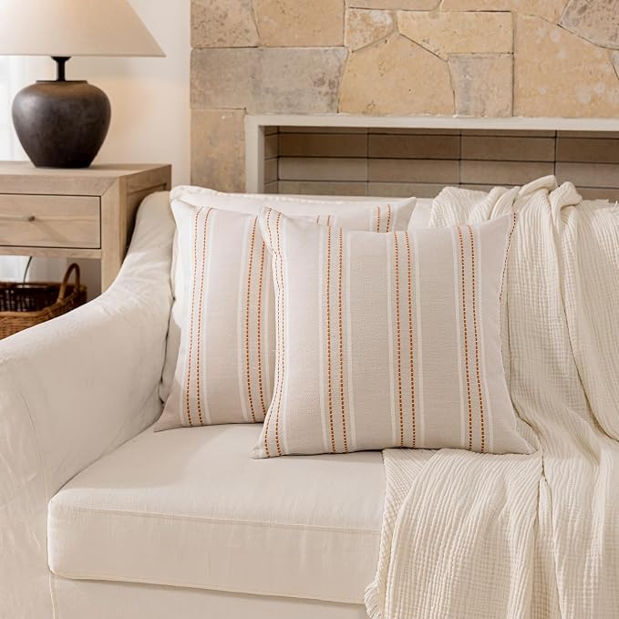 Hckot Fall Rust Terracotta Throw Pillow Covers 24x24 Stripe Pillow Covers | Set of 2 Farmhouse Decorative Pillows Square Large Cushion Covers for Sofa Couch Bed Living Room Modern Home Decor