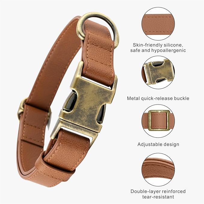 Dog Collar and Leash Set,Leather Silicone Waterproof Odor-Proof Dog Collar and Leash for Large Dogs, Soft Flexible Dog Collars, Durable Thick Adjustable Pet Collar (Brown, Large (14.5-24" Neck))