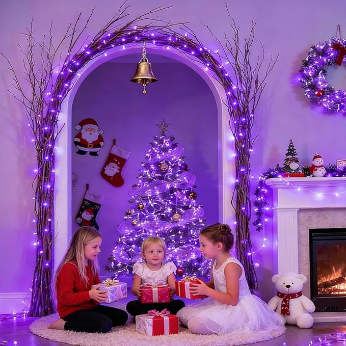 LAMPHOME 66FT 200LED Purple Christmas Lights Indoor Outdoor Clear Wire, Purple Lights for Christmas Tree, 16 Modes Deep-Violet String Lights Plug in for halloween Bedroom Garden Party Xmas Decorations