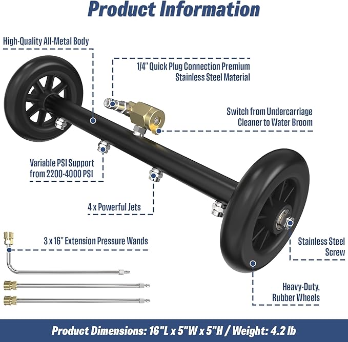 Undercarriage Pressure Washer Attachment, 16" Water Broom and Under Carriage Car Cleaner, Electric Power Wash Accessories with 3 Pieces Extension Wand, 1/4" Connector, 4000 PSI, Black