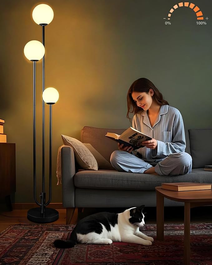 Lightdot 63IN Black Floor Lamp Dimmable with Candle Holder Style Mid Century Standing Lamps, 3000K Warm White Bulbs Included, Modern Globe Floor Lamp for Living Room/Bedroom/Sofa Beside/Corner Decor