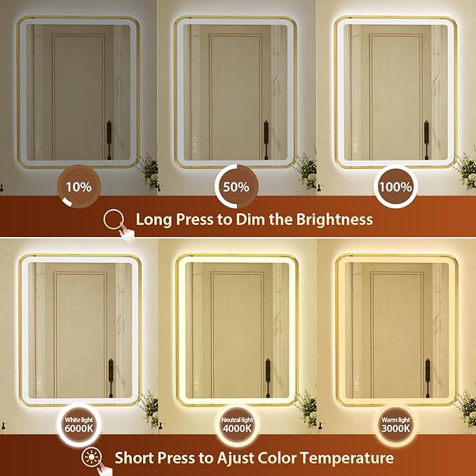 28x40 Inch LED Bathroom Mirror with Gold Frame,Front and Backlit Vanity Mirror,Tempered Glass,Stepless Dimmable Wall Mirrors with Anti-Fog, 3 Colors, Memory, Waterproof, LED Smart Bathroom Mirror