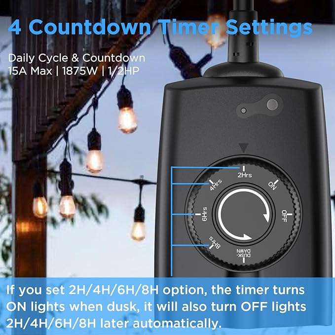 G-ELEK Outdoor Timer Outlet Waterproof, 24 Hour Outdoor Light Timer, Timers for Electrical Outlets, Ideal for Pool Pump, Christmas Lights, Heavy Duty, Grounded Outlets (Dusk to Dawn Sensor, 1 Pack)