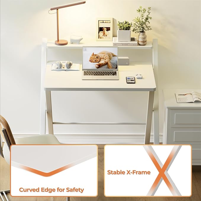 GreenForest Folding Desk No Assembly, Sturdy Computer Desk for Small Spaces | Portable Foldable Table for Laptop, 2-Tier Compact with Shelf, Space Saving for Home Office, Dorm, Apartment, 27"x 22" White
