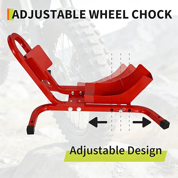 1800 Lb Capacity Heavy Duty Motorcycle Wheel Chock – Dirt Bike Wheel Chocks Adjustable 16"-21" Tire Fit for Cruisers, Dirt Bikes & ATVs, Rust-Resistant Steel Trailer & Garage Mount,Red