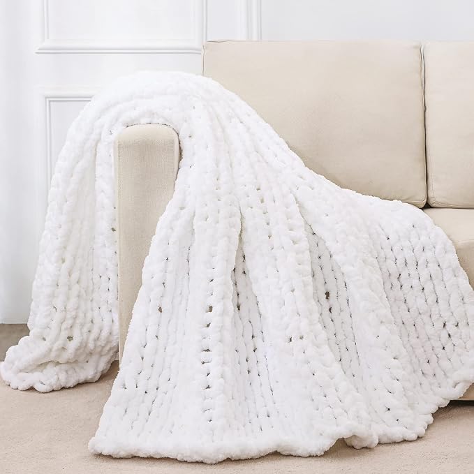 Bigacogo Chunky Knit Throw Blanket for Couch, 51x63 inches, Pure White | Hand Knit with Jumbo Chenille, Soft Breathable Cable Knit for Sofa Bed Living Room, Machine Washable, Gift for Mom Friend