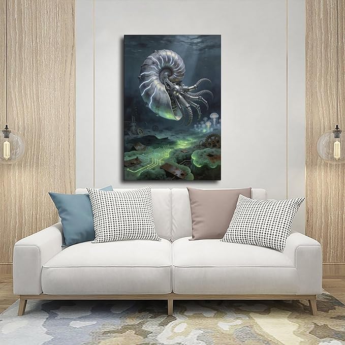 Framed Steampunk Mechanical Nautilus Wall Art - Underwater Industrial Poster for Man Cave Studio Decor 08x12inch(20x30cm)