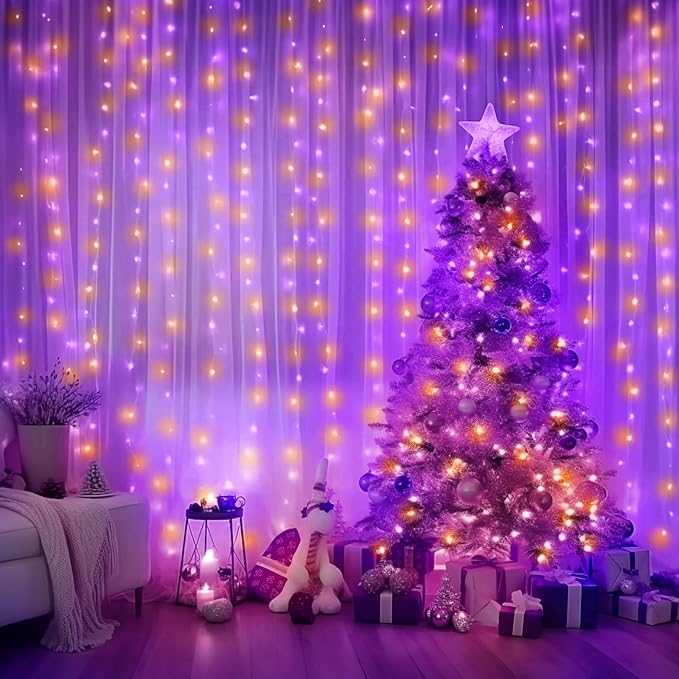 Minetom Curtain Lights, 300 LED Dimmable Fairy Lights with Remote and Timer, 8 Modes, USB Powered String Lights for Room Wall Party Xmas Indoor Decor, Purple & Orange