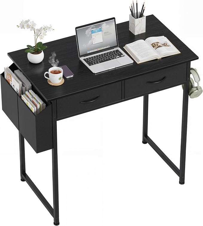 OLIXIS 32 Inch Small Desk, Computer Desk, Home Office | Fabric Drawers, Side Bag, Headphone Hook, Writing Study Work Table, Bedroom, Sleek Black