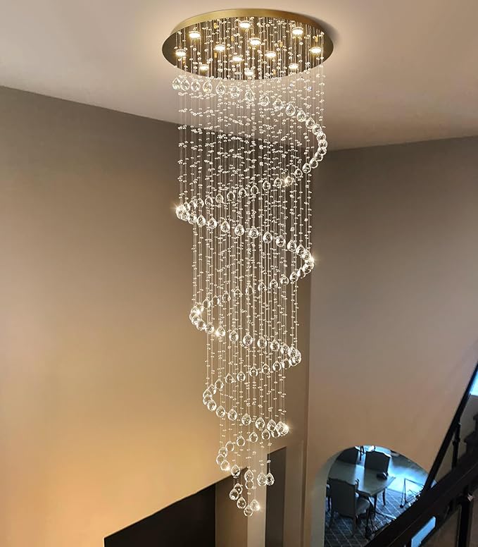 118 Inches Crystal Glam Chandelier Long Light Chandeliers with Dimmable Light Bulbs Gold High Ceiling Pendants Light Fixtures for Foyer Entryway Living Room Stair