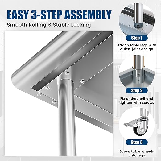 Stainless Steel Work Table with Wheels, 24x48 Inch NSF Food Prep Table with Backsplash & Adjustable Undershelf for Commercial Kitchen, Restaurant, Garage