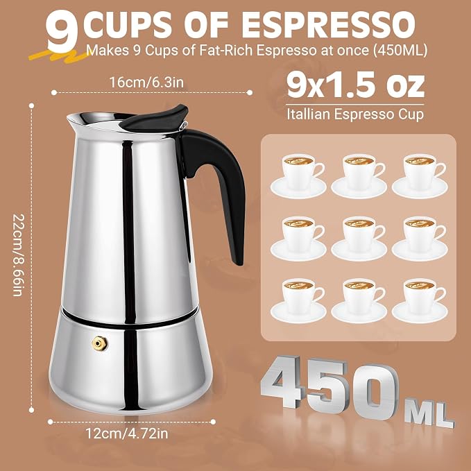 9 Cup Stainless Steel Moka Pot, 450ml Stovetop Espresso Maker, Silver