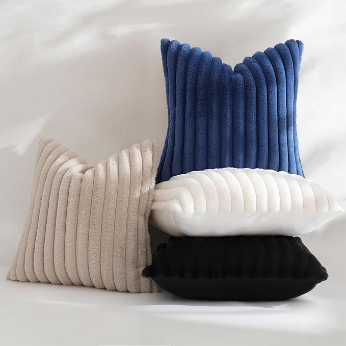 decorUhome Fall Faux Fur Throw Pillow Covers 16x16 Set of 2 Beige | Decorative Soft Cozy Striped Plush Modern Farmhouse Boho Couch Pillow Cases Velvet Back for Sofa Bed Living Room Home Decor