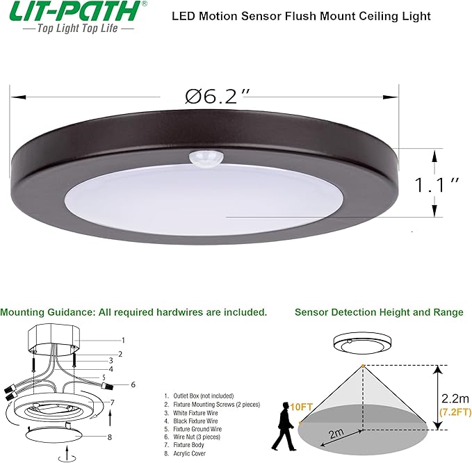 LIT-PaTH LED Flush Mount Ceiling Light, Closet Lighting Fixture with Motion Sensor, 10.5W, 700 Lumen, 6.2 Inch, Anti-Rust Galvanized Housing, Bronze Finish 3000K 4-Pack