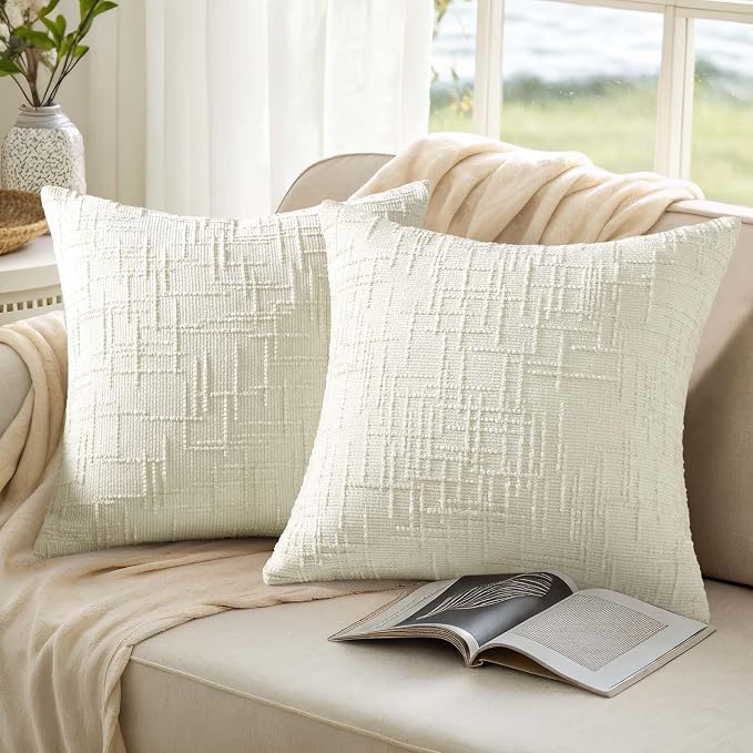 decorUhome Textured Chenille Throw Pillow Covers 22x22 Set of 2 Cream White | Fall Modern Farmhouse Soft Cozy Slubby Couch Pillow Cases Boho Decorative Pillow Cases for Bed Sofa Living Room Home Decor