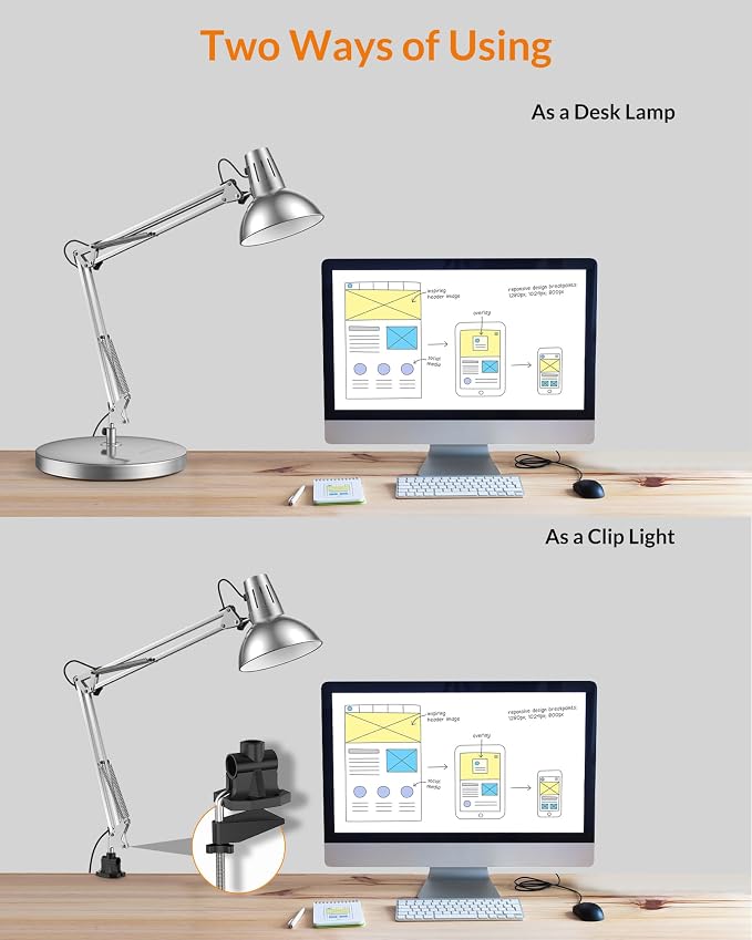 LEPOWER Metal Adjustable Desk Lamp with Clamp, Swing Arm for Home Office | Gooseneck, Architect Style, Eye-Caring Table Lamp, On/Off Switch, E26 Base, Reading for Dorm, Bedroom, Study, Back to School