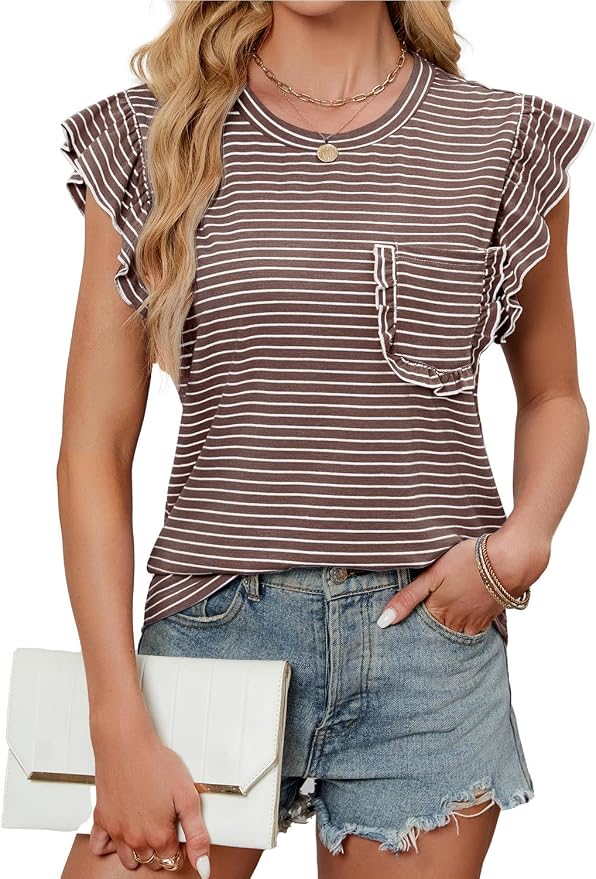 JUSTFASHIONNOW Womens Summer Tops Striped T-Shirts 2026 Ruffle Short Sleeve Crew Neck Casual Blouses with Pocket