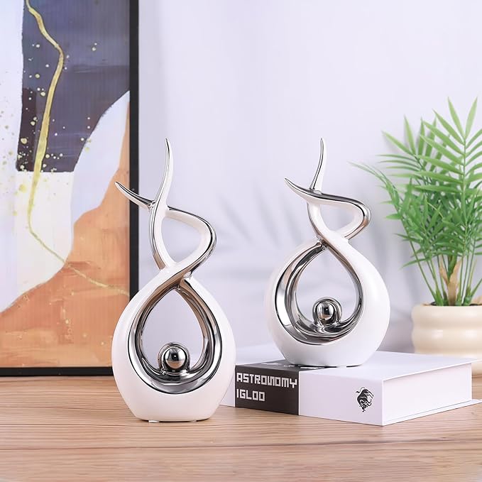 Silvery Modern Sculpture Table Decorations, Ceramic Knick Knacks Statues for Living Room Decor, Tv Stand and Desk Decor, Suitable for Coffee Tables and Shelf Decorations, Great Gift Idea