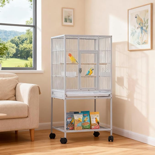 52'' Wrought Iron Birdcage with Detachable Rolling Stand & Feeder, Large Bird Cage with Secure Lock & Slide-Out Tray, Indoor Outdoor Bird Cage on Wheels,Parrot Cages for Parakeets, Pigeons, White