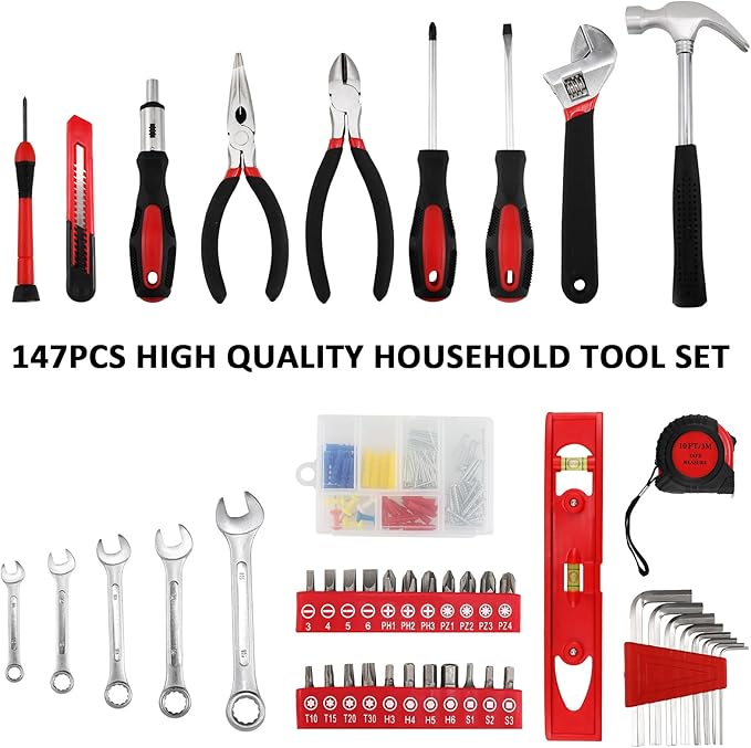 TLGREEN 147 Pieces Tool Set, Tool Kit for Home, Basic Tool Kit with Storage Tool Box, Screwdrivers, Adjustable Wrench, Pliers, Knife,General Household Hand Tool Set for Home, Car, Dorm, Garage