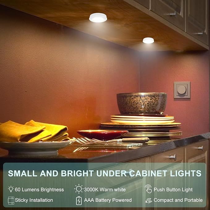 Wireless LED Puck Lights, Touch Activated Tap Ligh Push Light,Battery Operated Stick On Lights for Under Cabinet, Kitchen, Closet & Counters, 6-Pack, White (3 AAA Batteries Included)