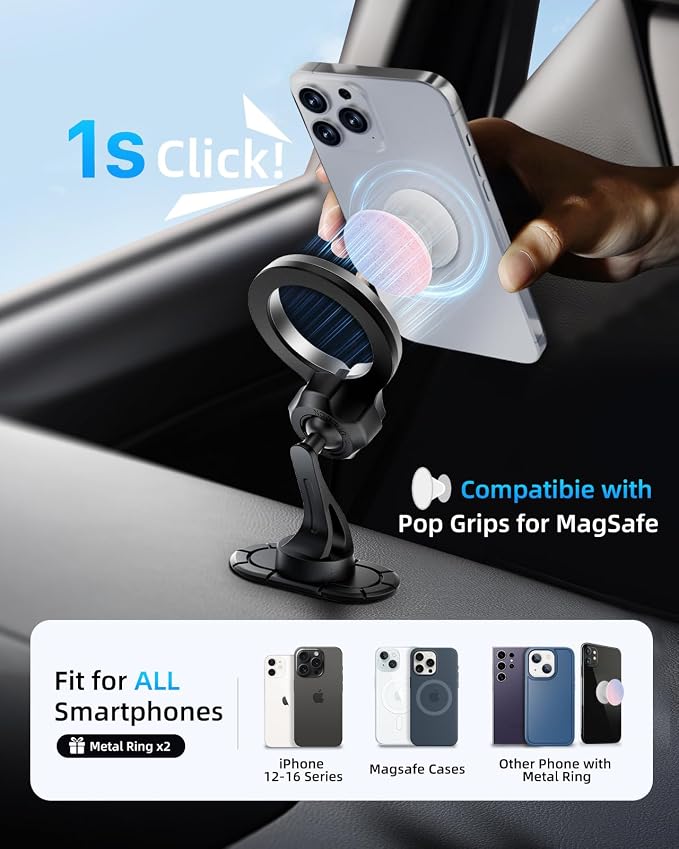 pop-tech for MagSafe Adhesive Car Mount, Strong Magnets Car Phone Holder Mount for Dashboard, 360�� Rotation Magnetic Cell Phone Dash Holder Curved Fit for iPhone 16 Pro Max 15 14 13 12 Series