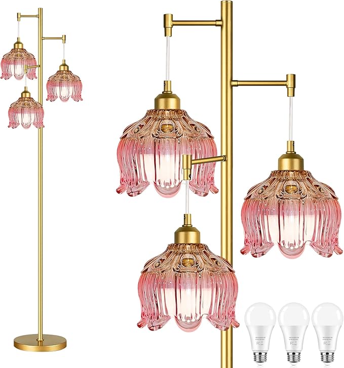 Pink Floor Lamp for Living Room,Bedroom,Gold Mid Century Modern Standing Lamp Brass Tree 3 Light Tall Floor Lamps Vintage Retro Floor Lights Glass Flower Lamp Shade Girls Kids Boho Bohemian