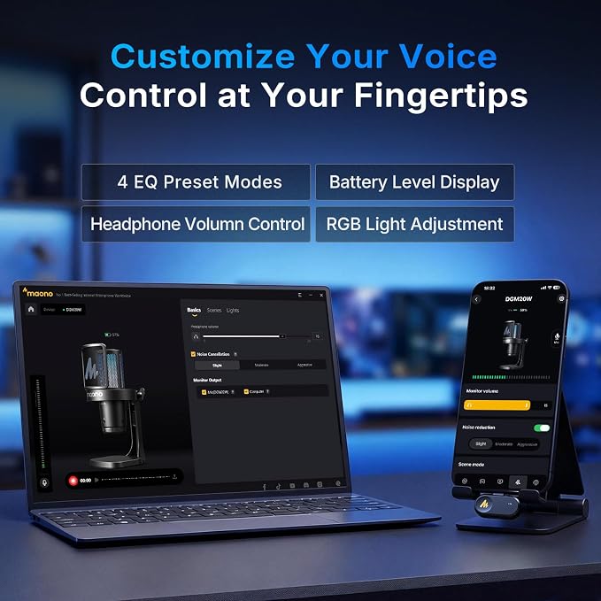 MAONO DGM20W Wireless Gaming Microphone for PC & Smartphones | USB-C Receiver, Clear Voice, Noise Reduction, Software Control, Custom RGB, Mute, Desk Stand, for Creators, Discord Streaming