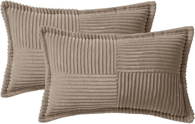 MIULEE Decorative Lumbar Throw Pillow Covers for Couch Bed Livingroom 12x20 Inch Set of 2 Light Brown Boho Accent Throw Pllows Broadside Striped Patchwork Soft Corduroy Pillowcases