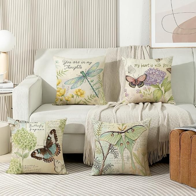 wyooxoo Throw Pillow Covers 16x16 Set of 4 Spring Summer Pillow Covers Linen Flower Butterfly Farmhouse Pillowcases for Sofa Couch Living Room Outdoor