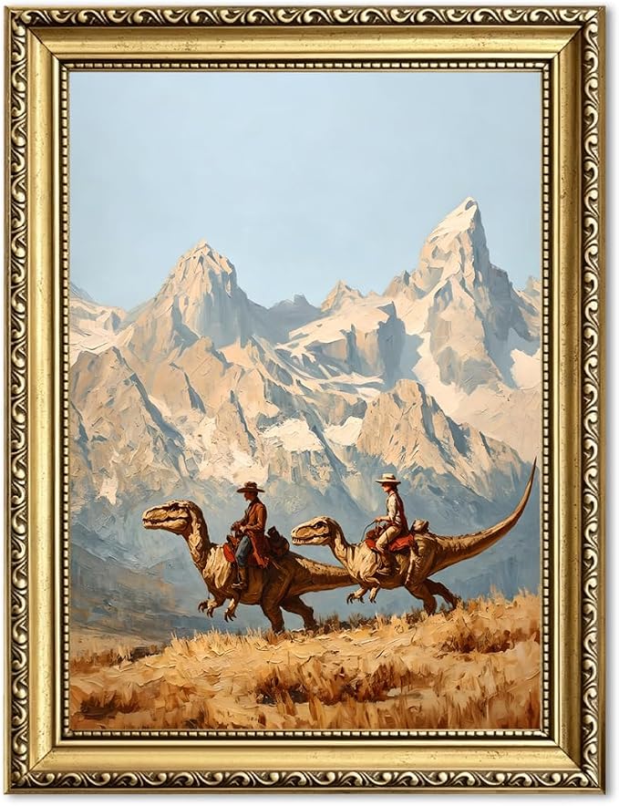 Gold Framed Dinosaur Cowboy Wall Art, Funny Western Cowboy Wall Decor Painting Vintage Southwestern Jurassic Canvas Prints Picture for Living Room Bedroom Farmhouse 12x16 Inch