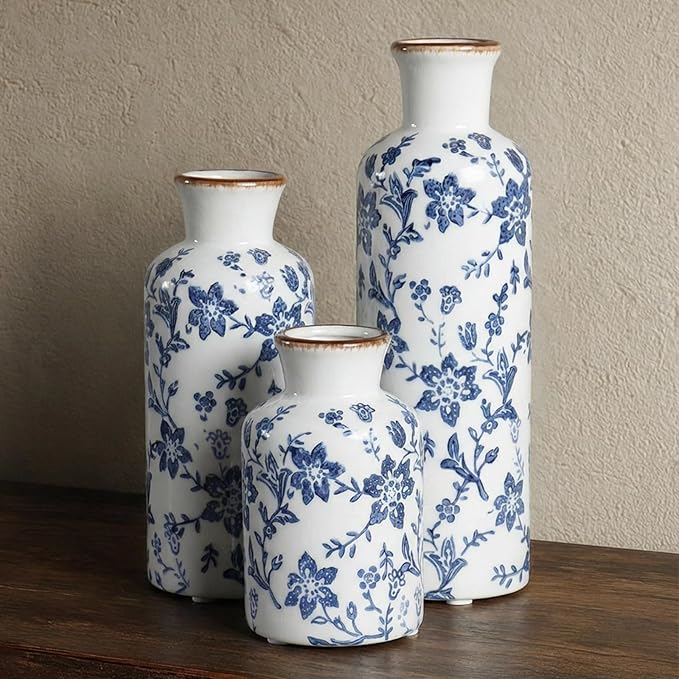 Blue and White Ceramic Vase Set of 3, Vintage Floral Vases for Home Decor | Crackle glaze and distressed rims for living room, mantel and table centerpieces