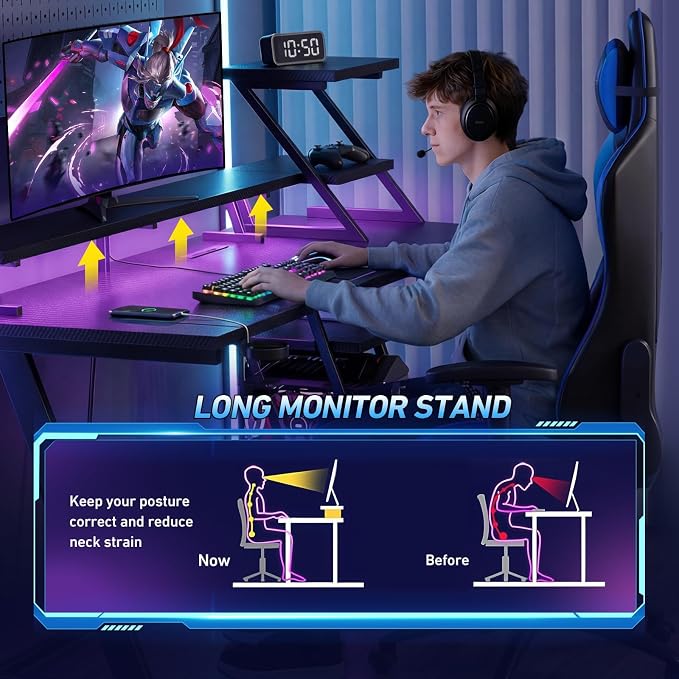 Korfile 40 Inch Gaming Desk with LED Lights & Power Outlet, L Shaped Computer Gaming Table with Storage Shelves, Reversible Corner Desk with Monitor Stand for Home Office, Carbon Fiber Black | L Shaped Computer Gaming Table, Reversible Corner Desk, Sto...