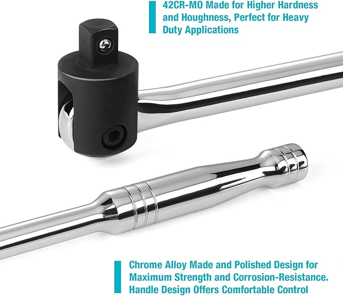 DURATECH Breaker Bar, 1/2'' Drive 24-Inch Breaker Bars Heavy Duty, with 240° Flex Head, Spring-loaded Detent Ball, Premium Chrome Alloy Made