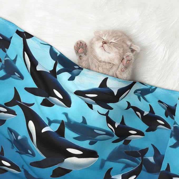 Reversible Plush Throw for Dogs and Cats, Killer Whales Orcas Ocean Sea Animals, Double Sided Blanket with Nubby Dot Side and Sleek Side Ideal for Cuddling Nesting Security