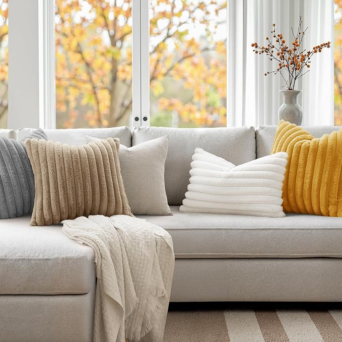 MIULEE Faux Fur Lumbar Decorative Throw Pillow Covers 12x20 Set of 2 Khaki | Modern Fall Soft Plush Couch Pillows, Cozy Fluffy Cushion Covers for Sofa Bed Living Room Home Decor